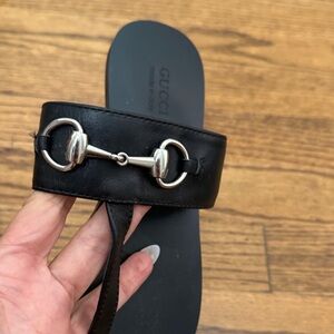 Gucci Black Leather Slide with Silver Horsebit Detail